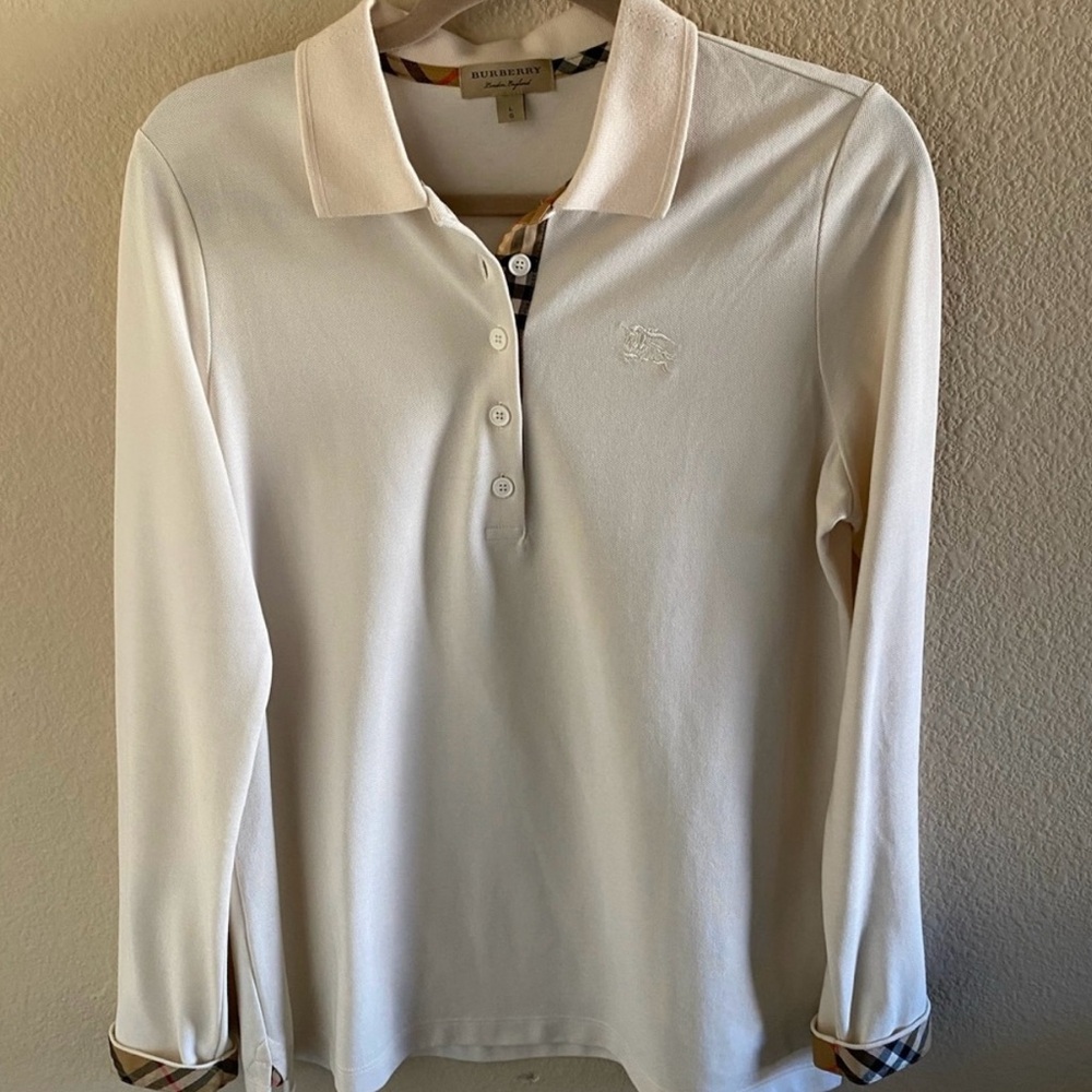 Burberry Cream Polo with Check Trim - Women’s Size Large